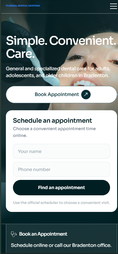 Florida Dental mobile website showing Simple. Convenient. Care. headline and appointment form