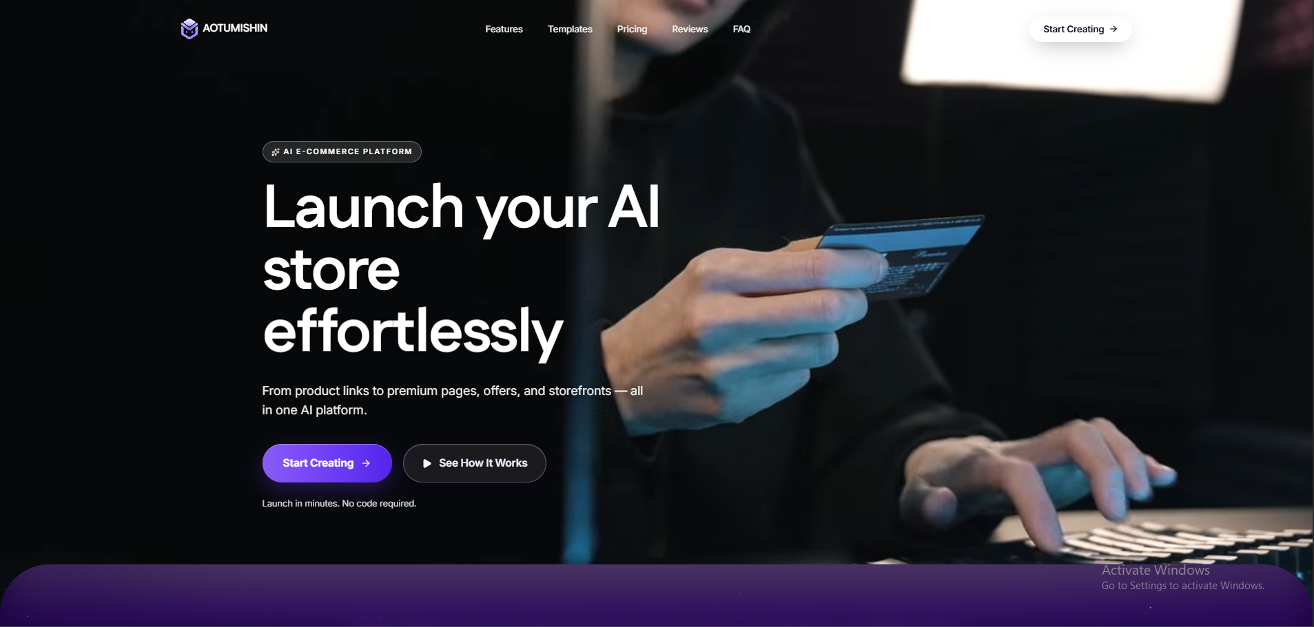 AOUTUMISH dark AI commerce landing page with the headline Launch your AI store effortlessly