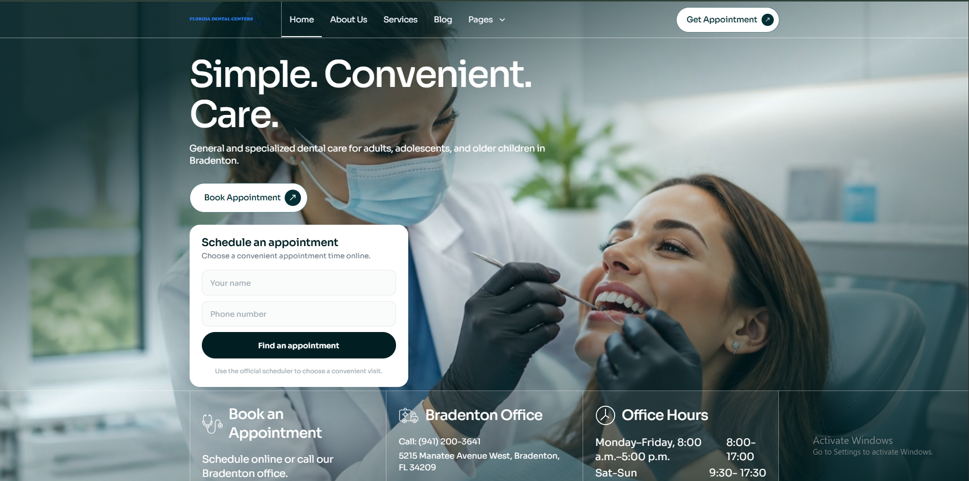 Florida Dental desktop website showing dentist with patient and an appointment form