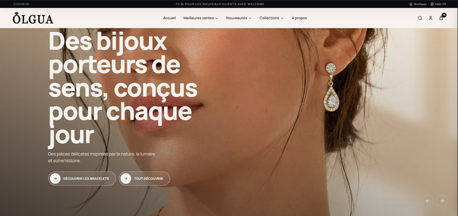 OLGUA desktop jewelry storefront with oversized French headline and model wearing earrings